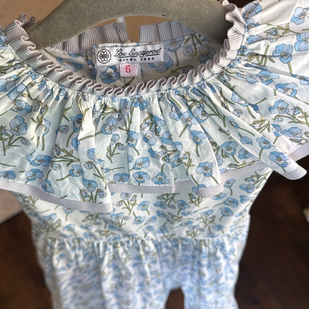 Los Encajeros - Girls Blue Floral Sleeveless Dress w/Peter Pan Collar - Size: 5 - Picture 4 of 7